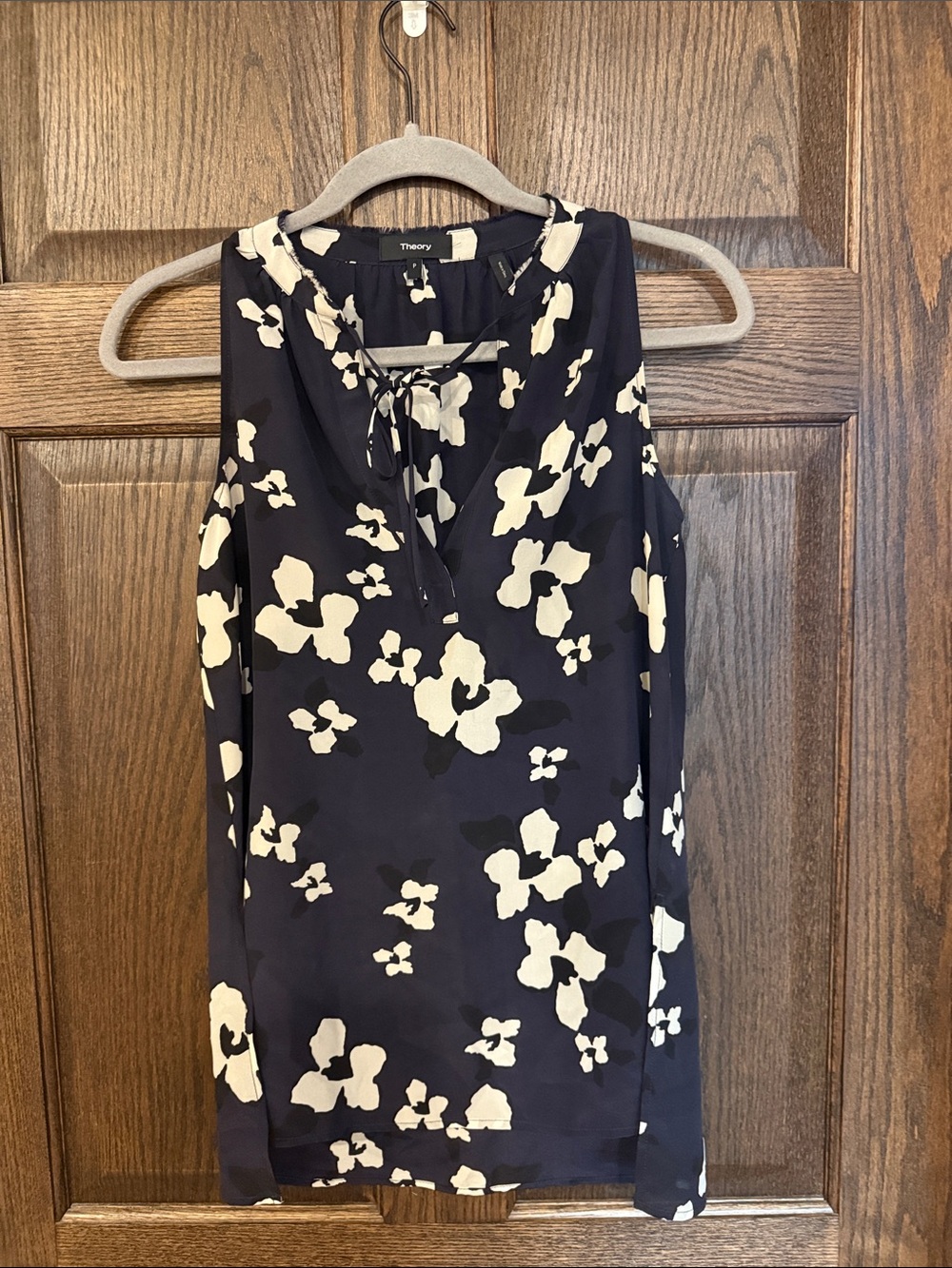 Theory Navy Floral Tie-Neck Sleeveless Silk Camisole